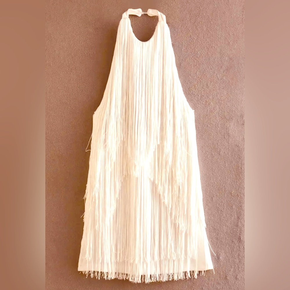 WHITE ELEGANT FRINGE Summer Short Dress. Lower Back. Day & Night Time. ELEGANT